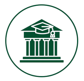 Icon of a classical building with columns, a triangular pediment, and a graduation cap on top, enclosed in a circle.