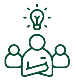 Outline of three people with a lightbulb above their heads, symbolizing an idea or collaboration.