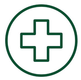 Green medical cross inside a circle on a black background.