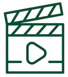 Outline of a film clapperboard with a play button in the center.