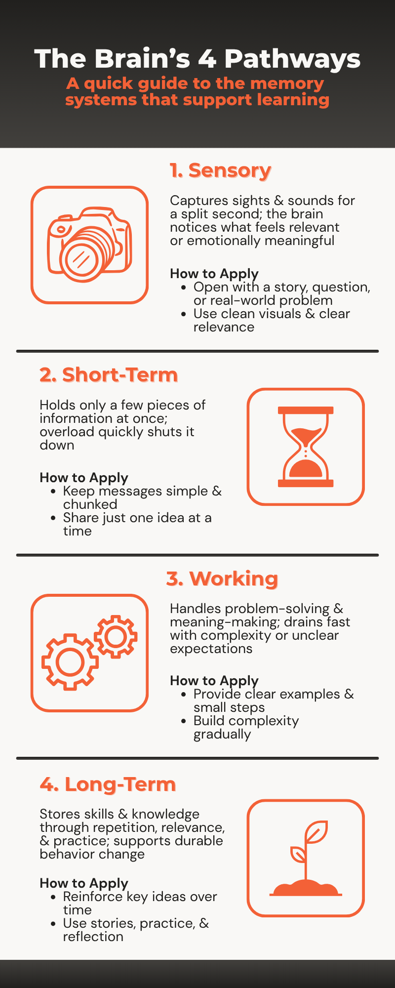 Infographic titled "The Brain's 4 Pathways: A quick guide to the memory systems that support learning." It lists four pathways with icons: 1) Sensory with a camera icon, 2) Short-term with an hourglass icon, 3) Working with gear icons, 4) Long-term with a plant sprout icon. Each pathway has a description and tips for application.