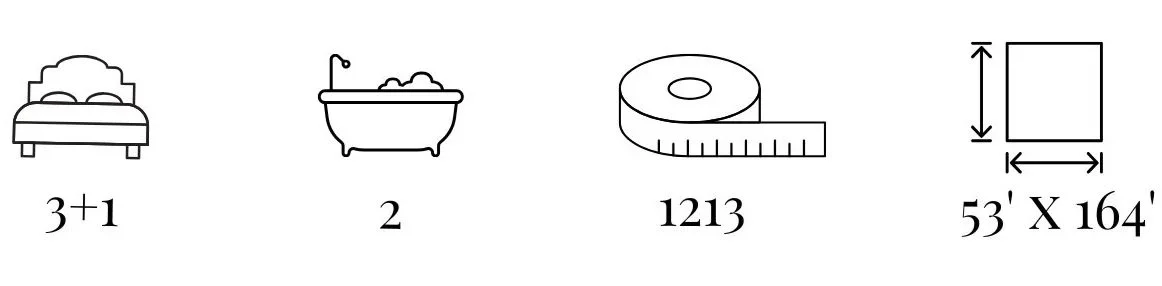 Five illustrations with math facts and objects: a sofa, a bathtub, a measuring tape, a square with dimensions 53 feet by 164 feet.