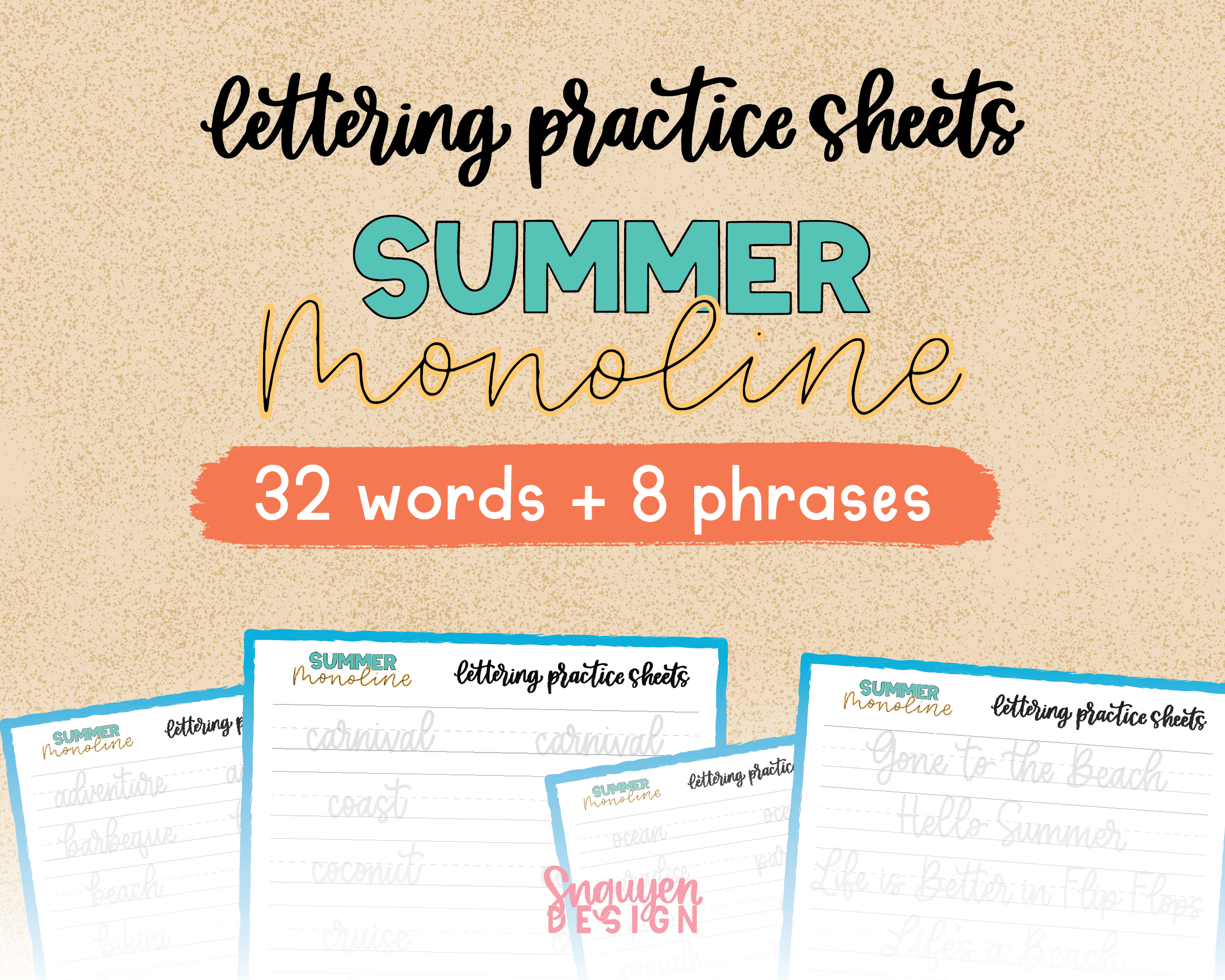 Summer Monoline Lettering Practice Worksheet