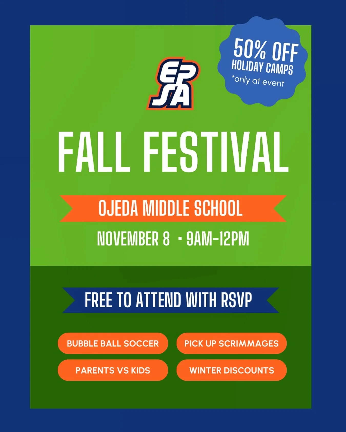 We&rsquo;re celebrating an incredible season &mdash; and you&rsquo;re invited! 🍁⚽️
Join us as we wrap up fall soccer with a FREE community event for the whole family! 🎉

📅 Saturday, Nov. 8 | 9AM&ndash;12PM
📍 Ojeda Middle School

Let&rsquo;s celeb