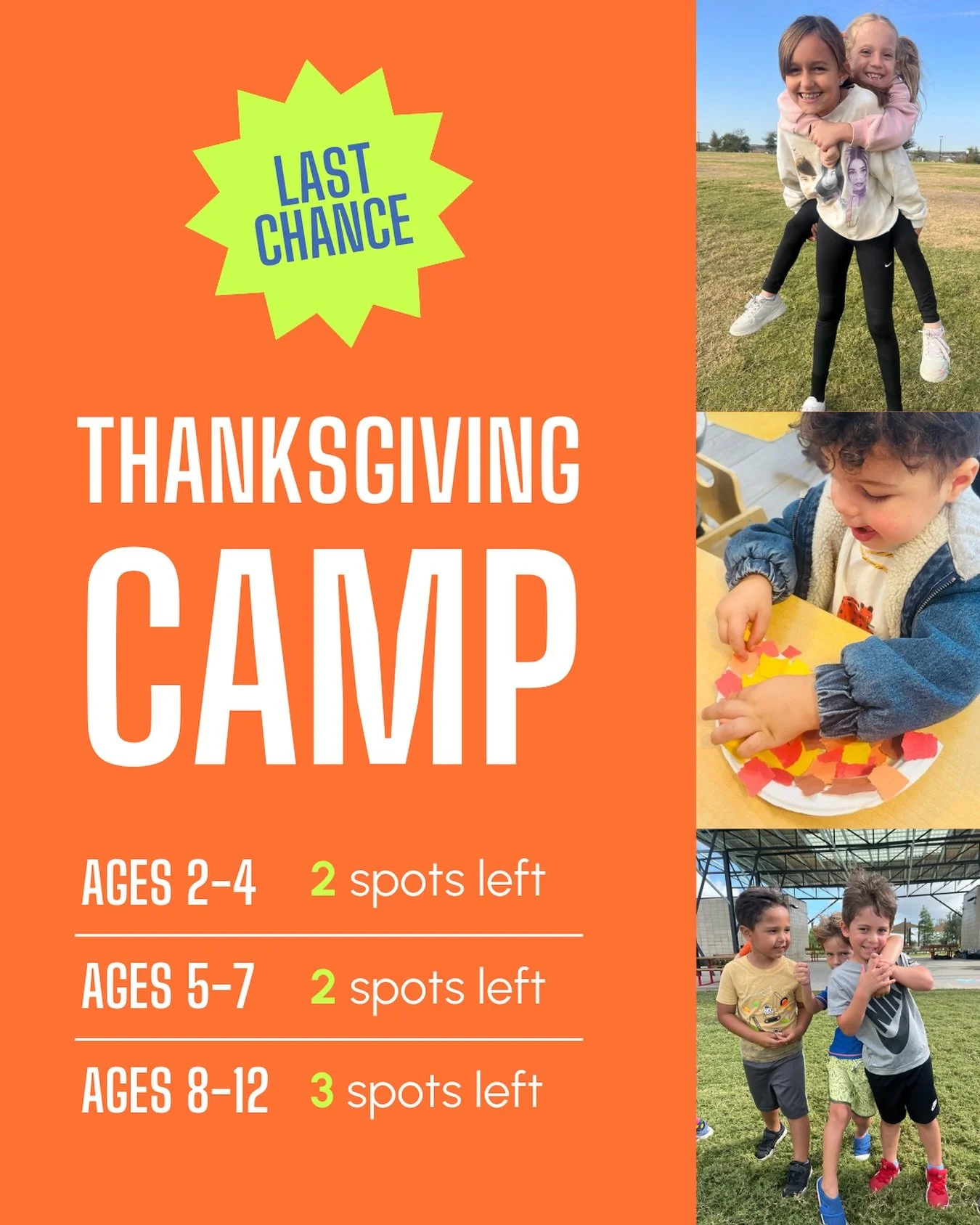 Thanksgiving Camp is nearly full! 👀 Three days. Big energy. Small groups. Your kids are going to LOVE it.

Come kick it with us!
2&ndash;4 yrs: 2 spots left
5&ndash;7 yrs: 2 spots left
8&ndash;12 yrs: 3 spots left

Grab your spot &rarr; epsportsacad