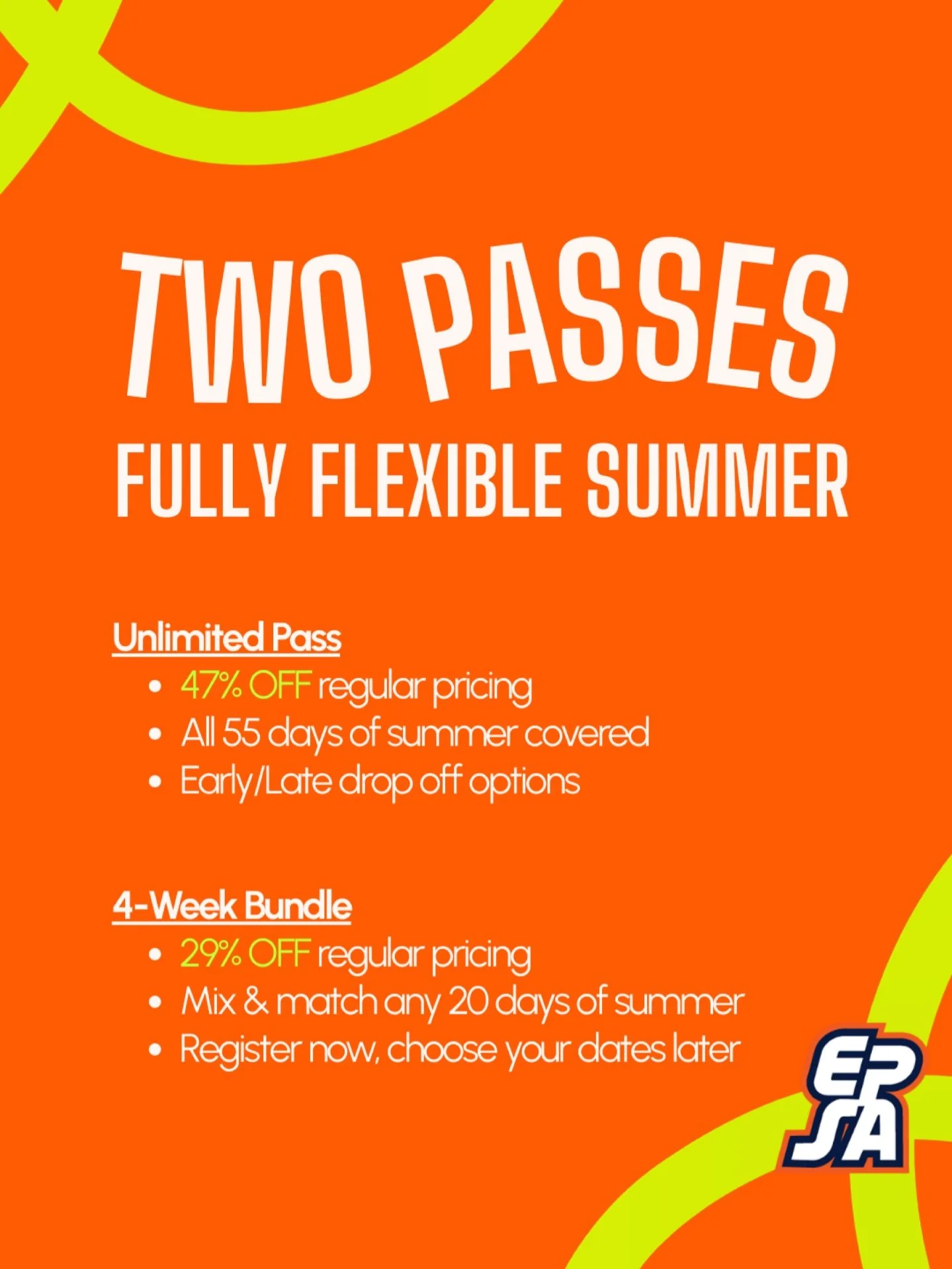 This summer, we&rsquo;re making camp planning easy&mdash;with flexibility built in and savings that make sense. ☀️ One Summer. Two Smart Options. 

Enroll in a Summer Pass by January 31 and get Spring Break Camp INCLUDED FOR FREE! 👀🔥

#summercamp #