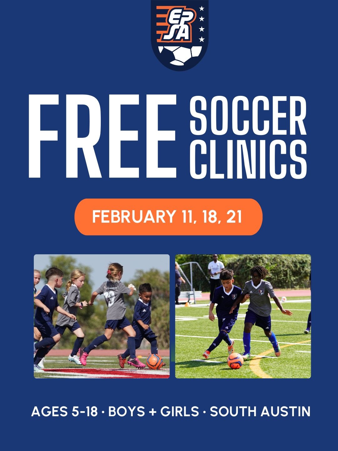 We&rsquo;re excited to offer a FREE soccer clinic for the community! Led by professional coaches, players will train in age-appropriate groups with a focus on skill development, confidence, and fun.

👉 Registration required &mdash; https://bit.ly/ep