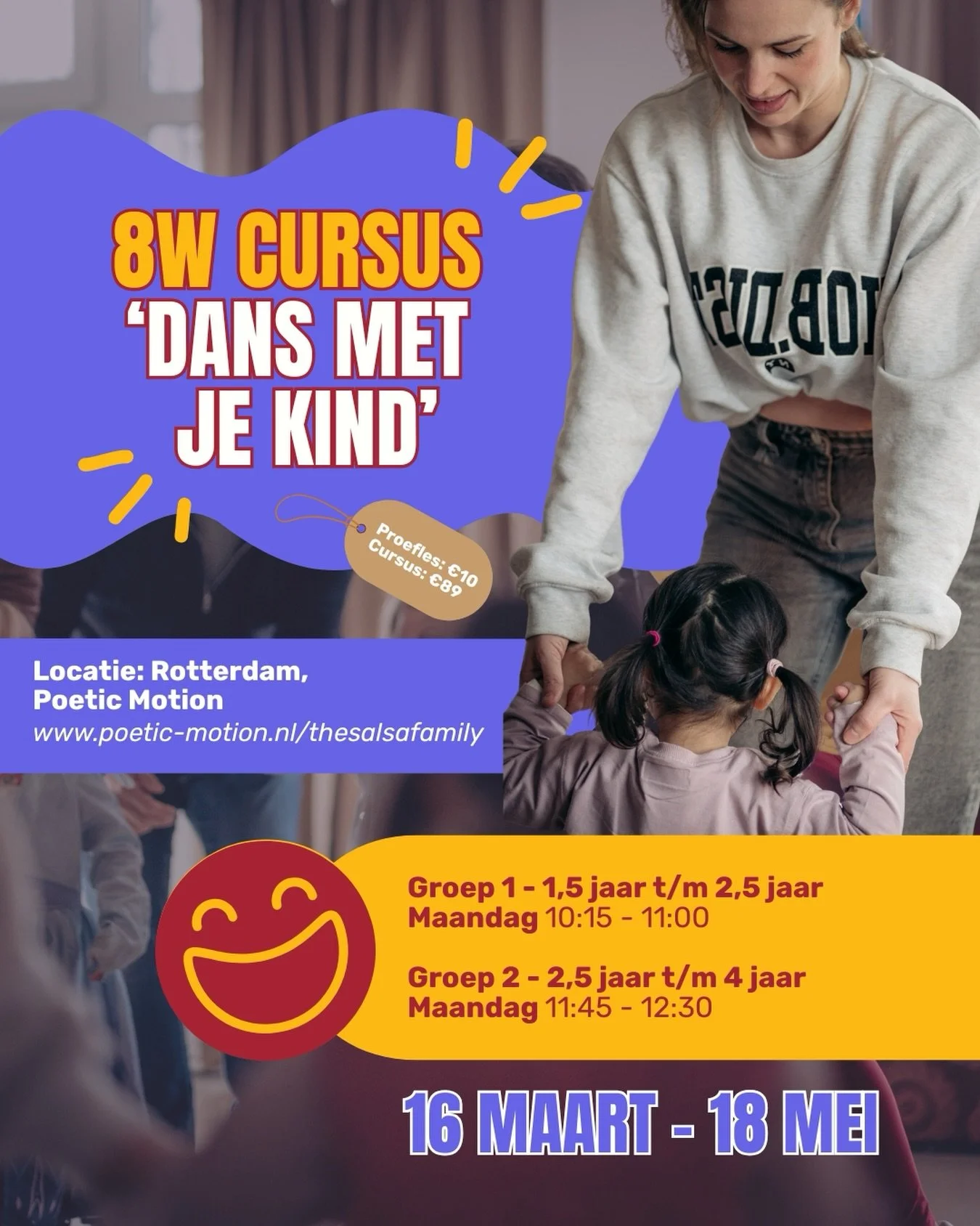 DANS MET JE KIND 🎉
Cursus bij THE SALSA FAMILY!

Ontdek hoe leuk het is om samen te dansen, lachen en bewegen. Tijdens &lsquo;Dans met je kind&rsquo; dansen ouder en kind s&aacute;men op muziek en verhalen die de fantasie prikkelen 🎵✨
Beweging komt