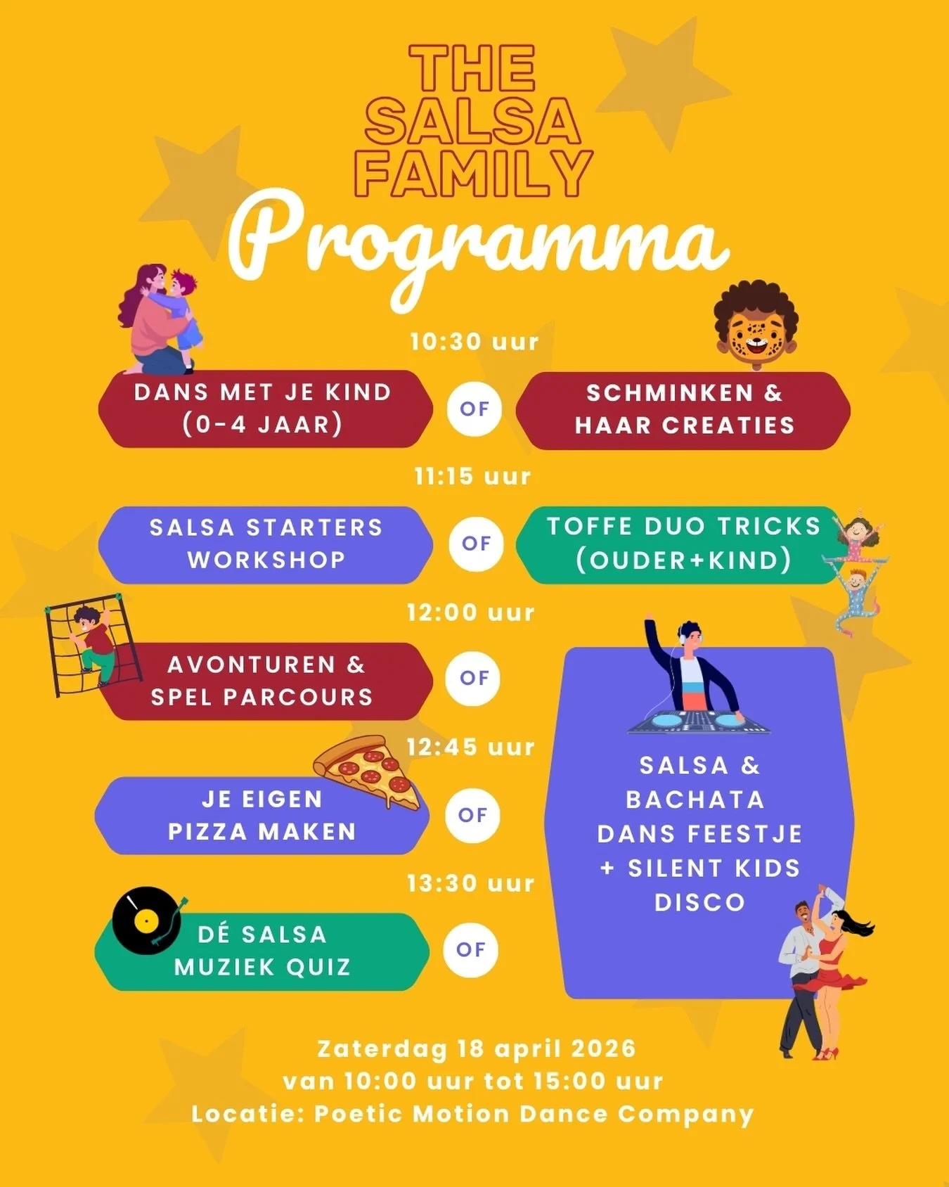 Programma! Zaterdag 18 april 2026 bij THE SALSA FAMILY ❤️

Activiteiten met tijdstip 👇

👫 Dans met je kind
Kom samen met jouw (of een) kleintje dansen op swingende en fantasieprikkelende muziek, onder begeleiding van @ginaabbatepm. Speel, ontdek, v