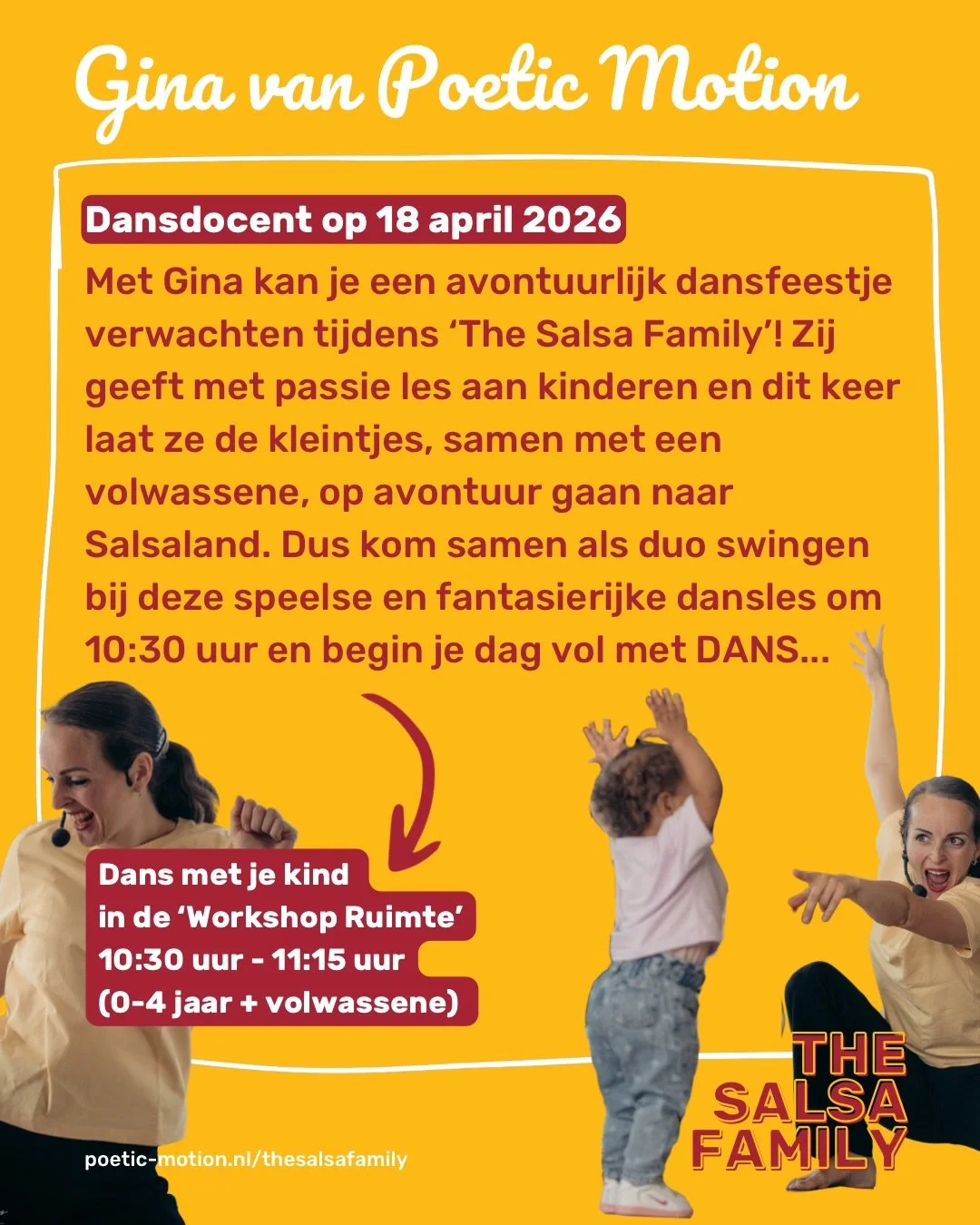THE SALSA FAMILY, een dag vol dansplezier voor &eacute;cht iedereen! 🎉

Op zaterdag 18 april toveren we Poetic Motion in Rotterdam om tot &eacute;&eacute;n groot dans- en spelparadijs! 🌈

Wat kun je verwachten? 👇 
Een dag gevuld met dans, spel, cr