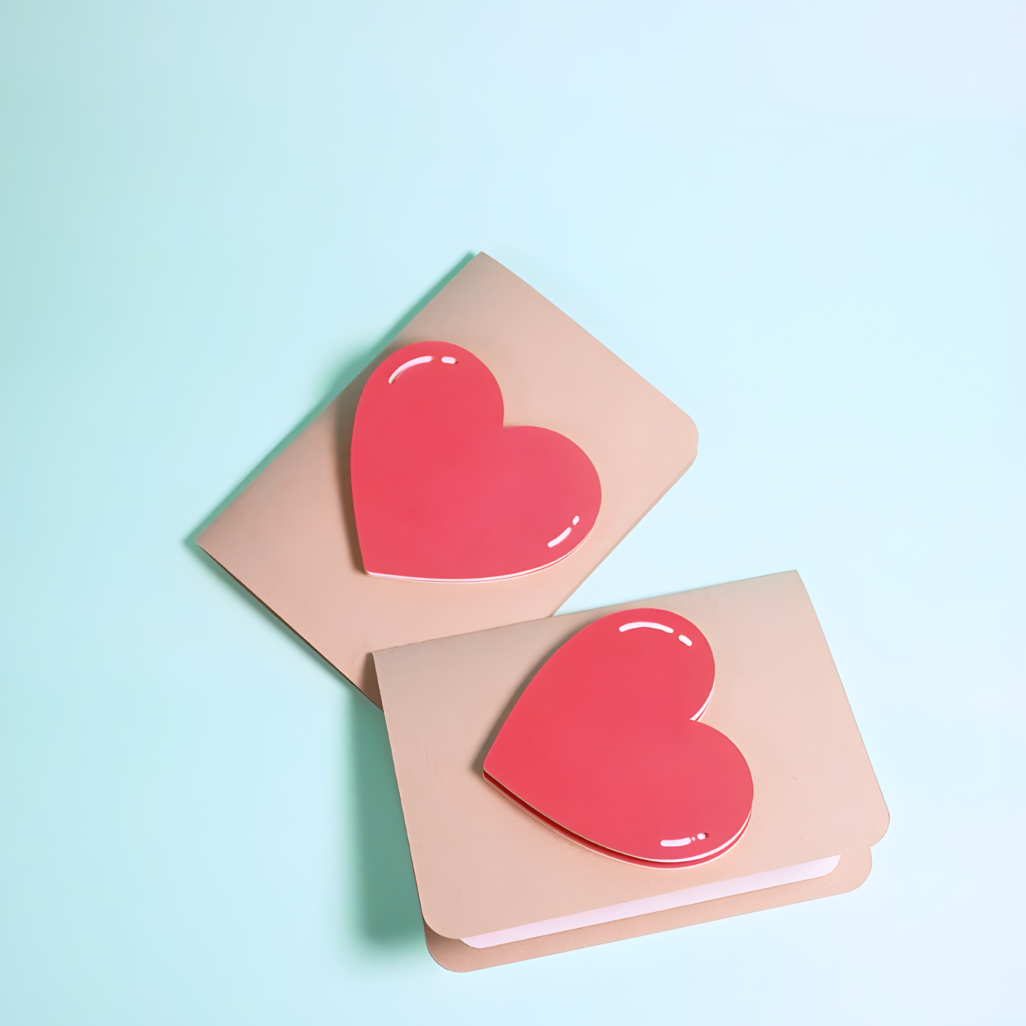 Two pink heart-shaped stickers on beige square paper cards placed on a light blue background.