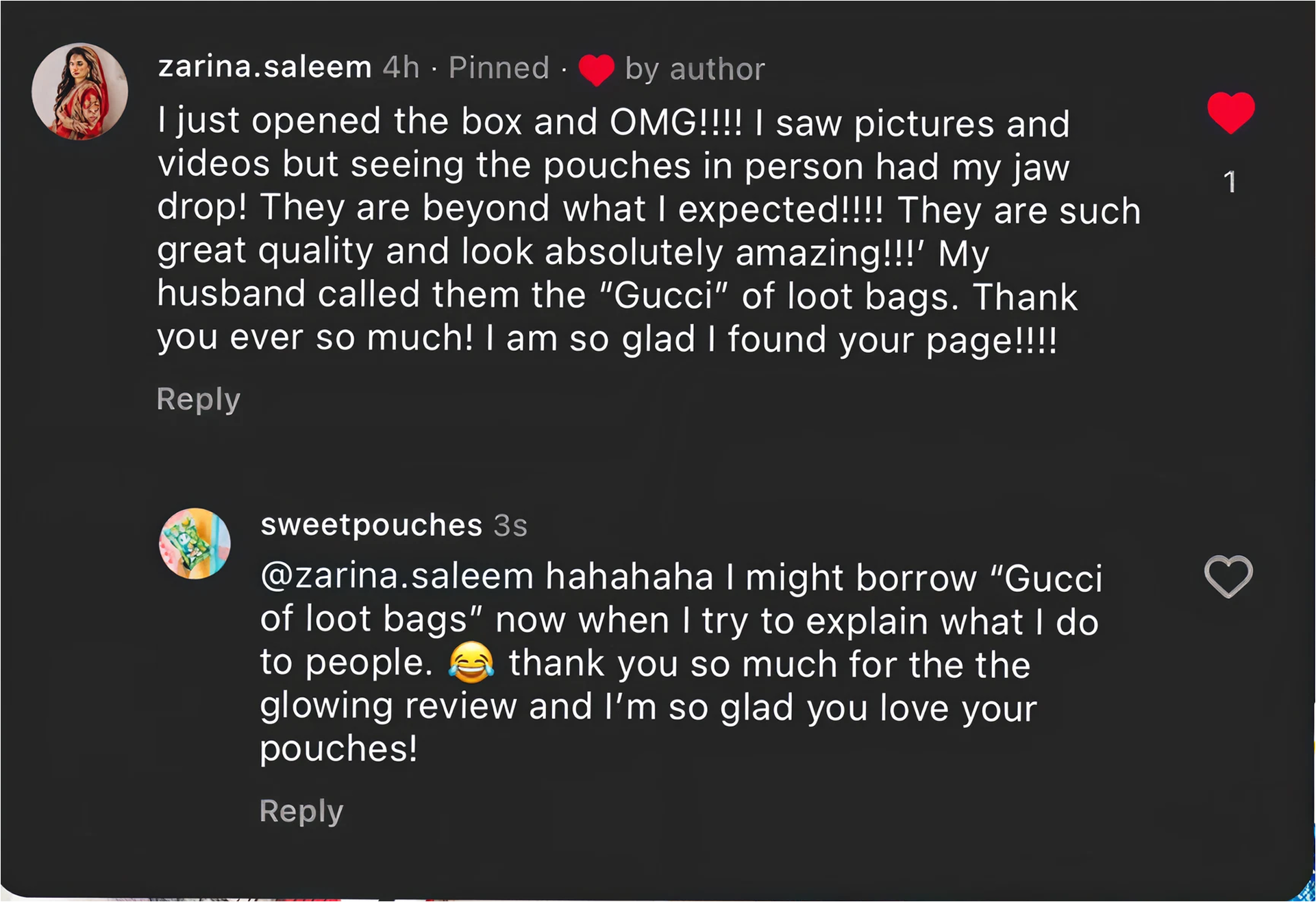 Social media comment section with positive reviews about pouches, mentioning their quality and appearance, with emojis and usernames visible.