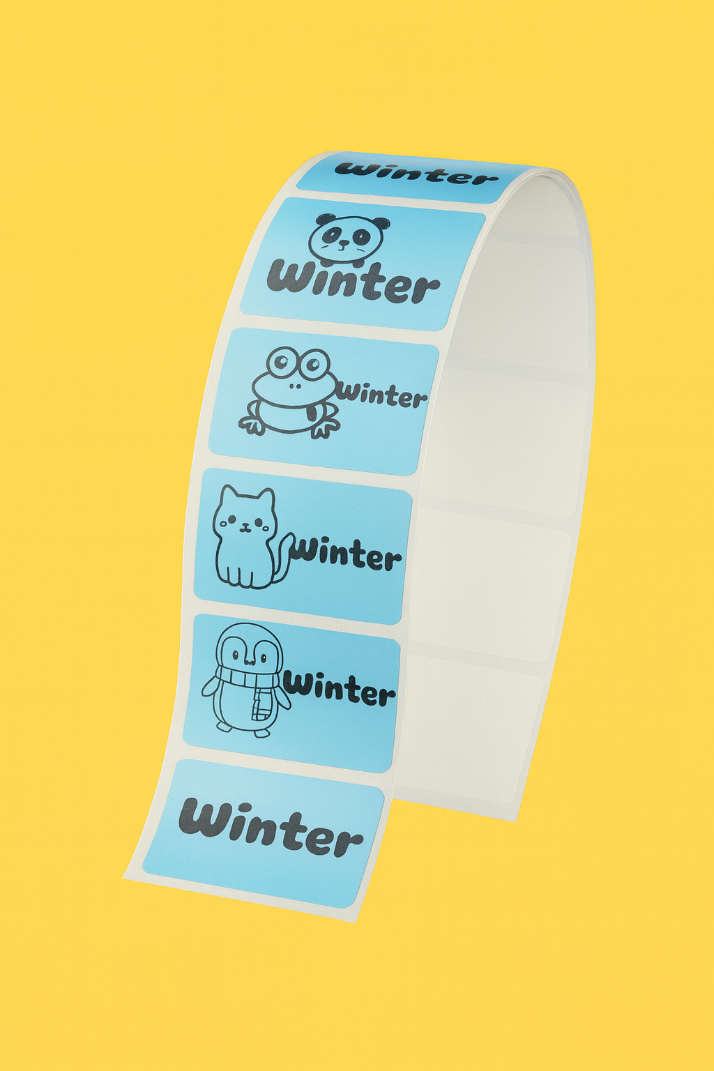 A roll of blue stickers featuring different cartoon animals and the word 'Winter', displayed on a yellow background.