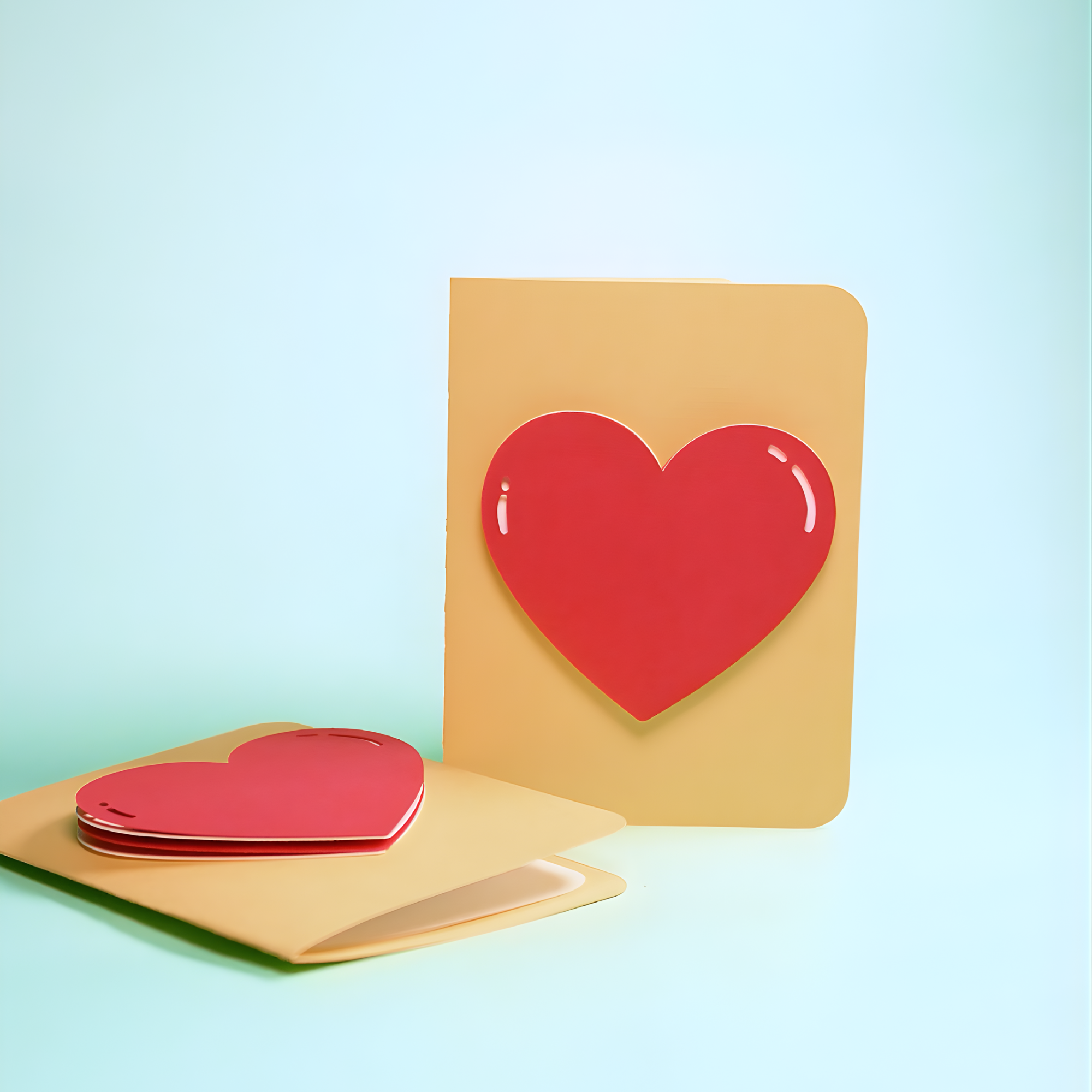 Folded pop-up heart cards with a large red heart on a standing cream-colored card and several more hearts inside a cream-colored envelope on a light teal background.
