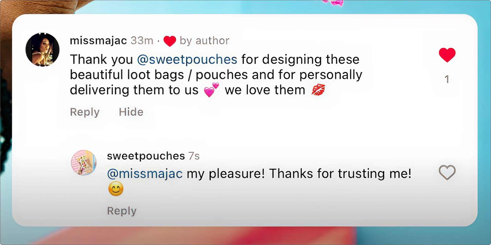 Screenshot of an Instagram comment section where a person thanks a designer of pouches, and the designer responds happily.