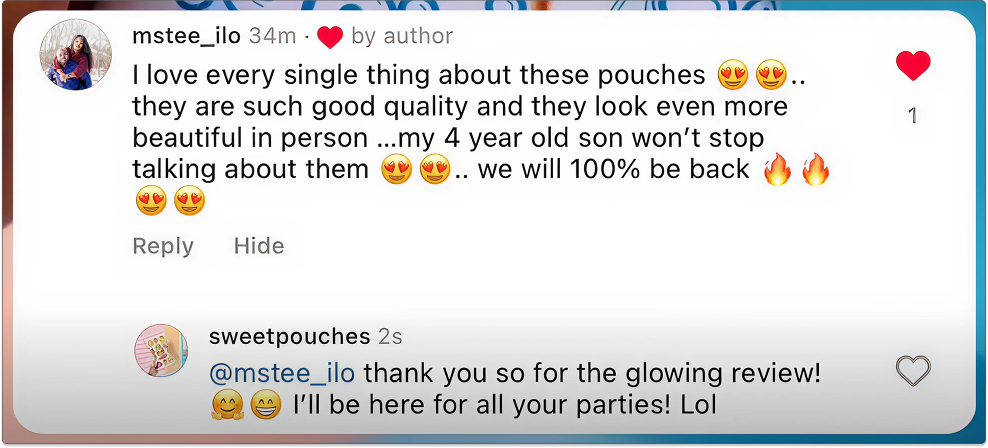Screenshot of a social media comment section where a user expresses love for pouches and their qualities, mentioning their family and plans to return, with emoji reactions and a reply from a seller thanking the customer.