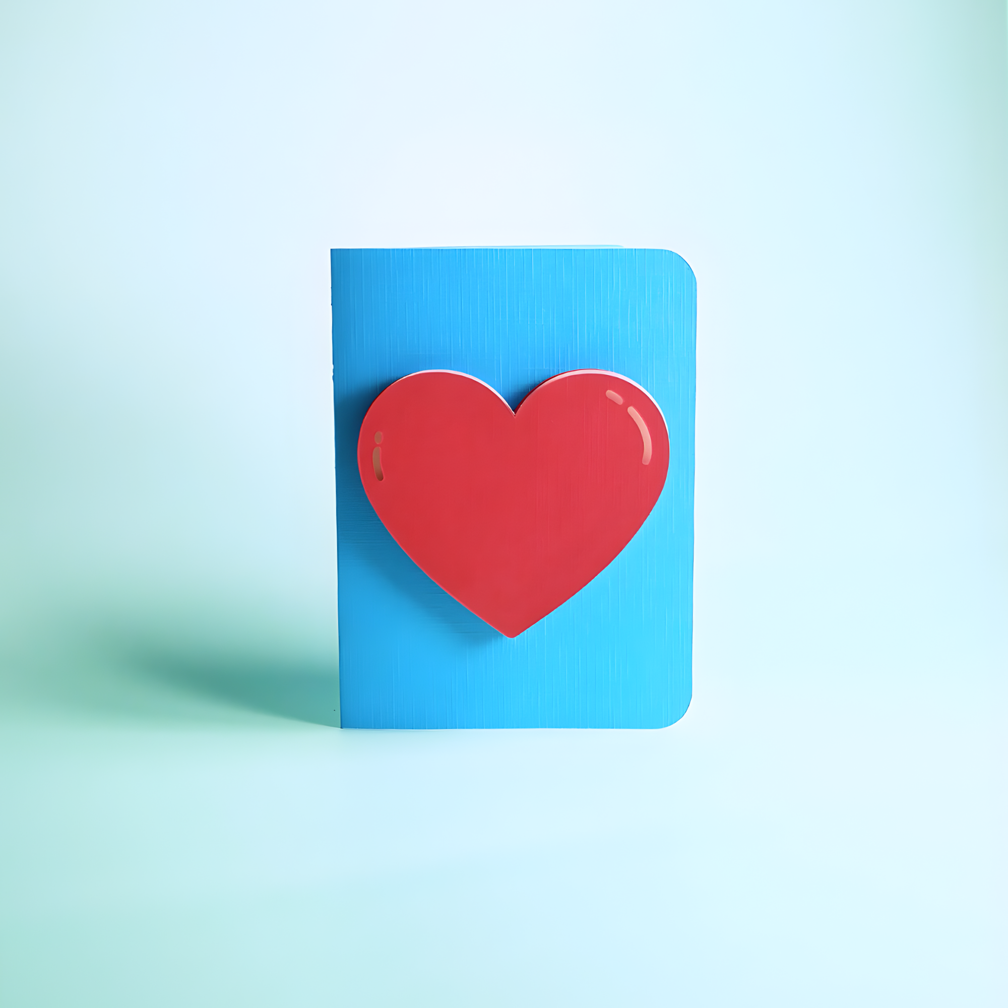 A blue greeting card with a large red heart on it, set against a light background.