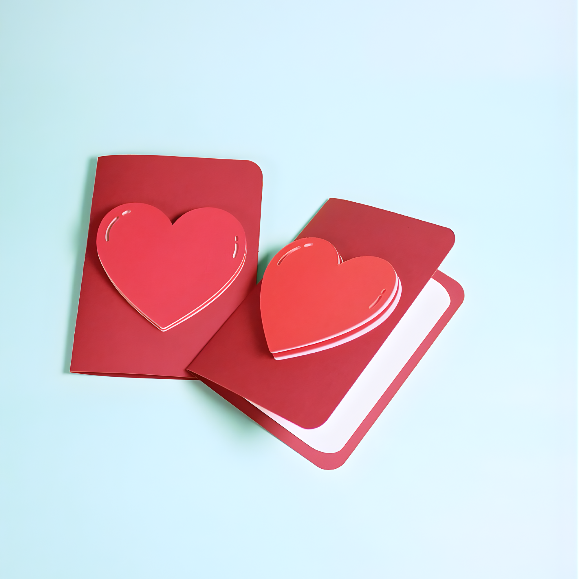 Red greeting cards with heart-shaped embellishments on a light blue background.