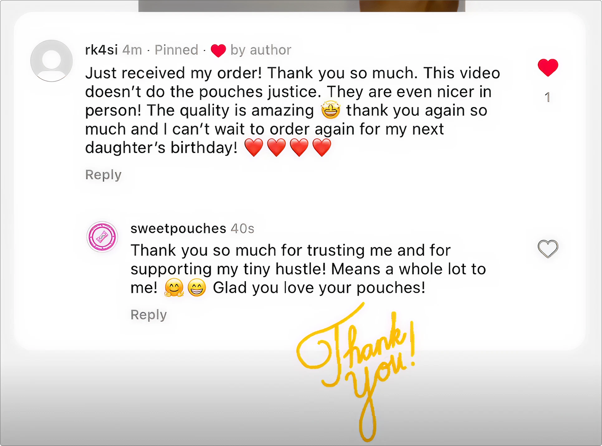 Screenshot of positive customer reviews praising pouches, featuring hearts, smiley faces, and a handwritten 'Thank You!' note.