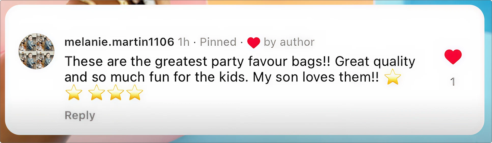 Screenshot of a social media comment praising party favor bags, mentioning their quality and fun for kids, with a five-star rating.