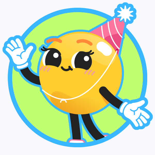 A cute yellow circle character with big eyes, a happy expression, wearing a pink party hat with a white snowflake pattern, and waving. The character has black arms and legs, white gloves, and pink shoes, set against a light green background.
