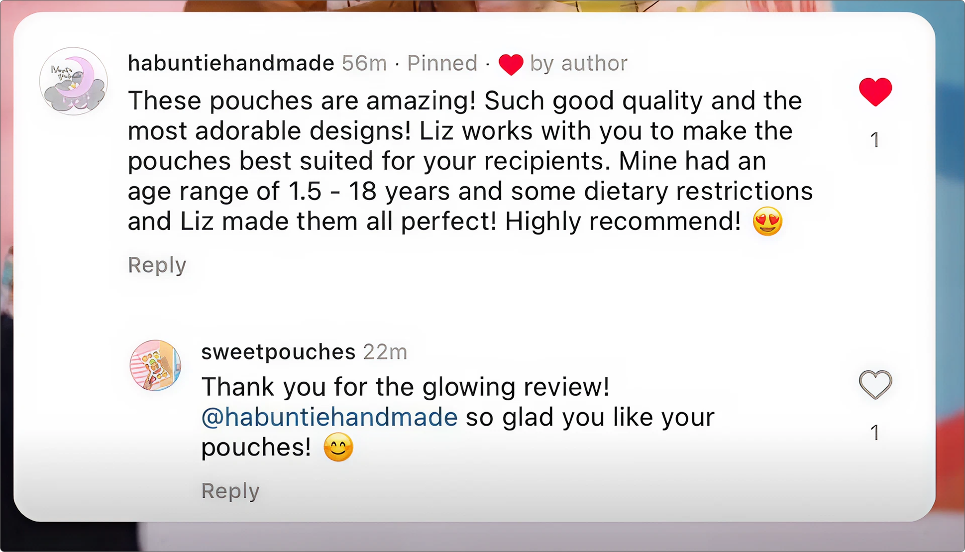 Screenshot of a social media comment thread discussing handmade pouches, with user icons, hearts, smiling and heart-eyes emojis.