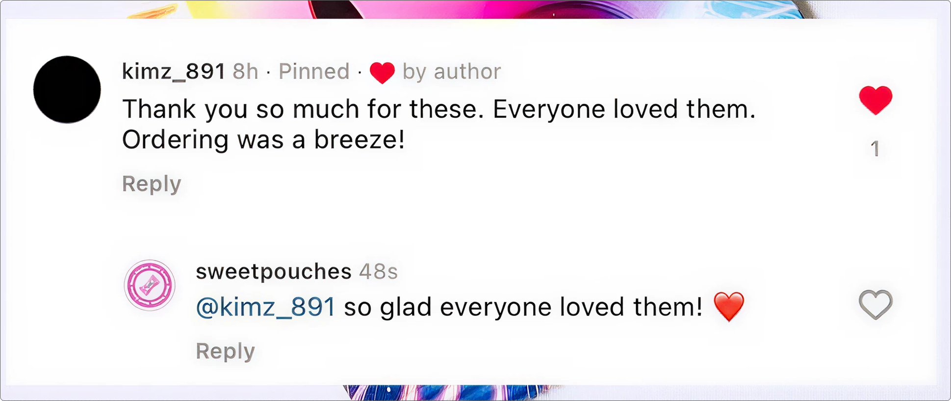 Screenshot of social media comments discussing the appreciation of items that were ordered. The comments include hearts and positive expressions of gratitude.