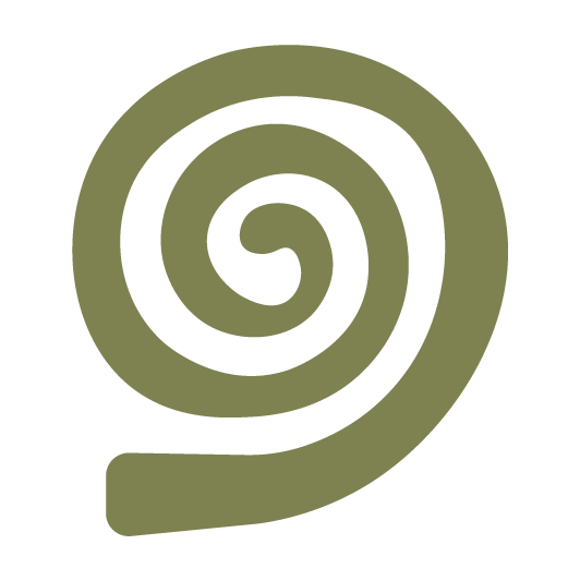 Stylized spiral logo in olive green on a black background.