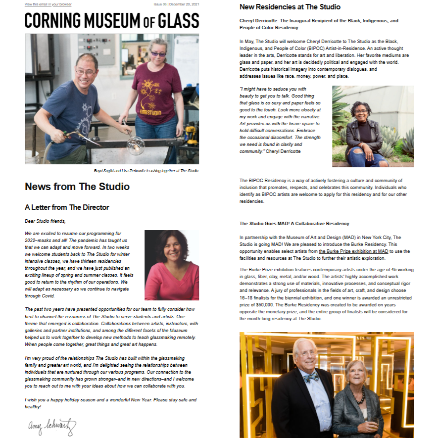 I design, write, and edit a quarterly email newsletter that reaches an audience of 14K subscribers.  News from The Studio - Issue 06 / Winter 2021