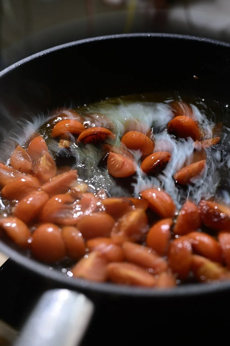 Cherry tomatoes cooking in a black skillet on a stove.