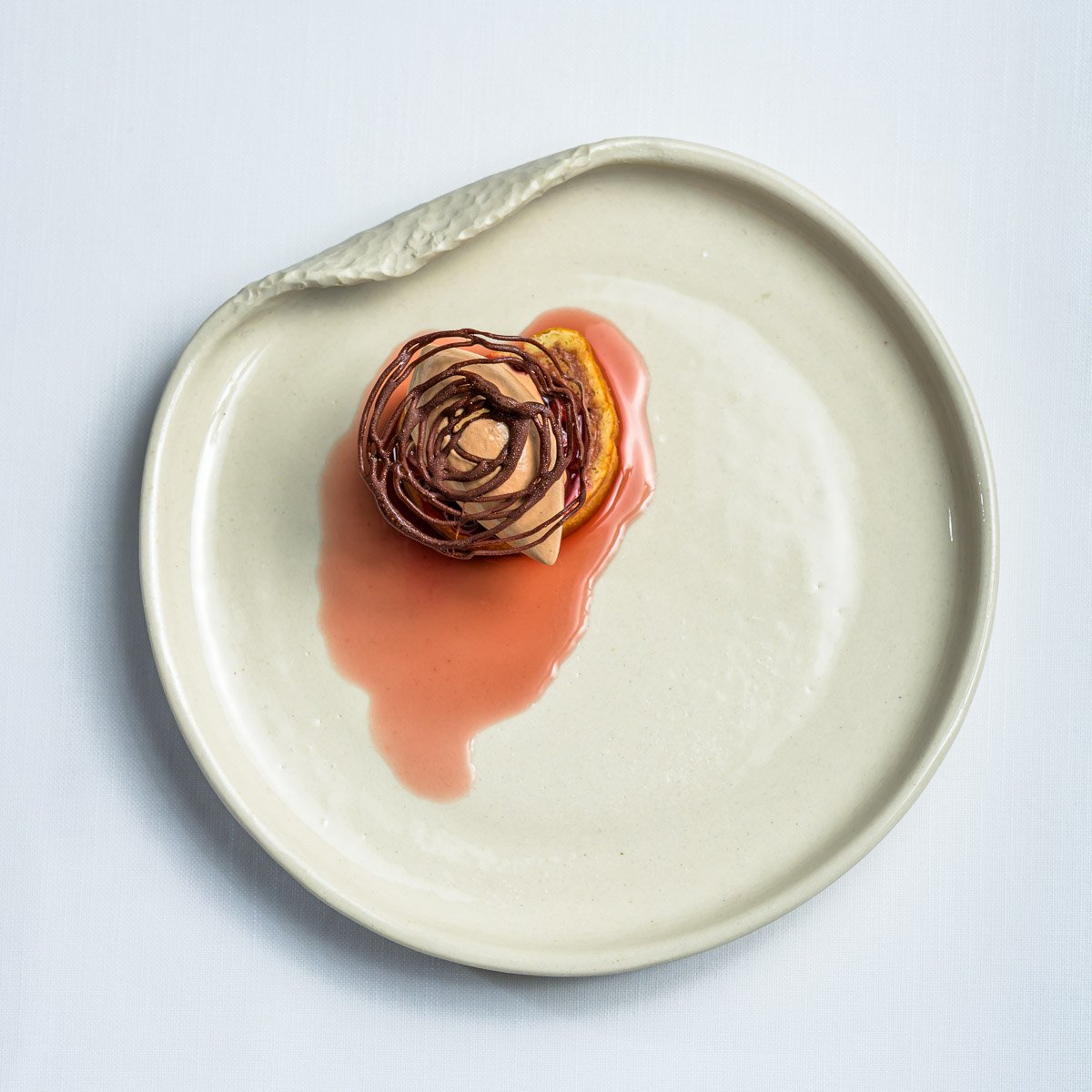 Dessert with chocolate spiral and pink sauce on a white plate.