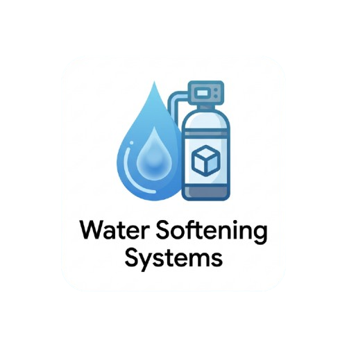 Residential water softener system with brine tank and cables, installed outside near an air conditioning unit.