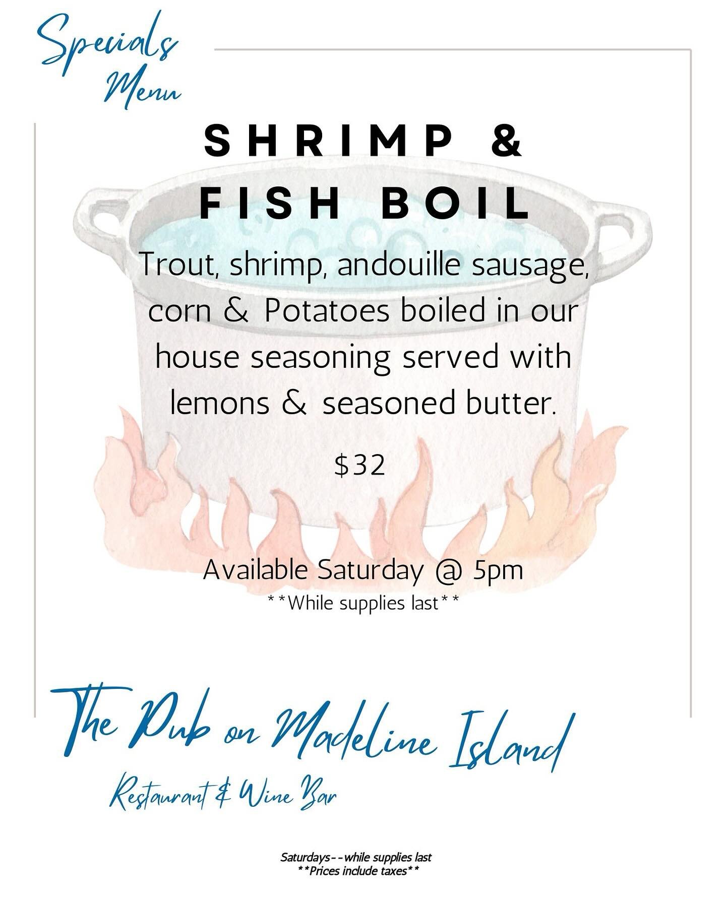 Come join us TONIGHT at 5pm for our Shrimp &amp; Fish boil. We will be serving inside &amp; on the patio by table service. We also have some other great specials. 🦐 

The patio bar is open for a drink to take and sit by the water or go take a dip in