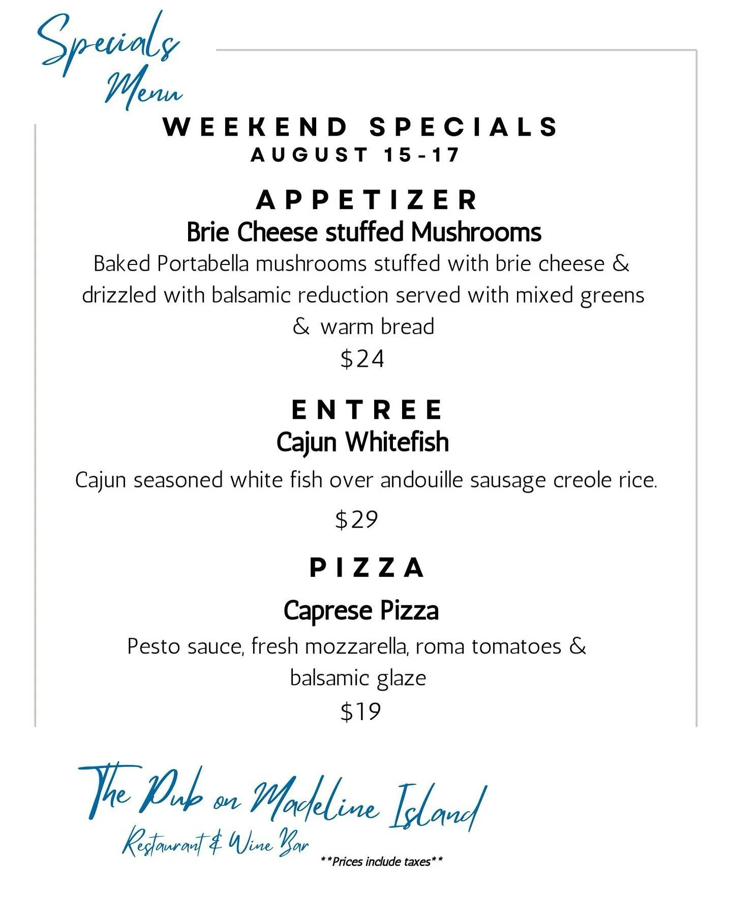 This weekend&rsquo;s Specials!!
Dinner every night 5pm-9pm

#thepubonmadelineisland #sunsetonsuperior #islandvibes #madisland #dinnerspecials