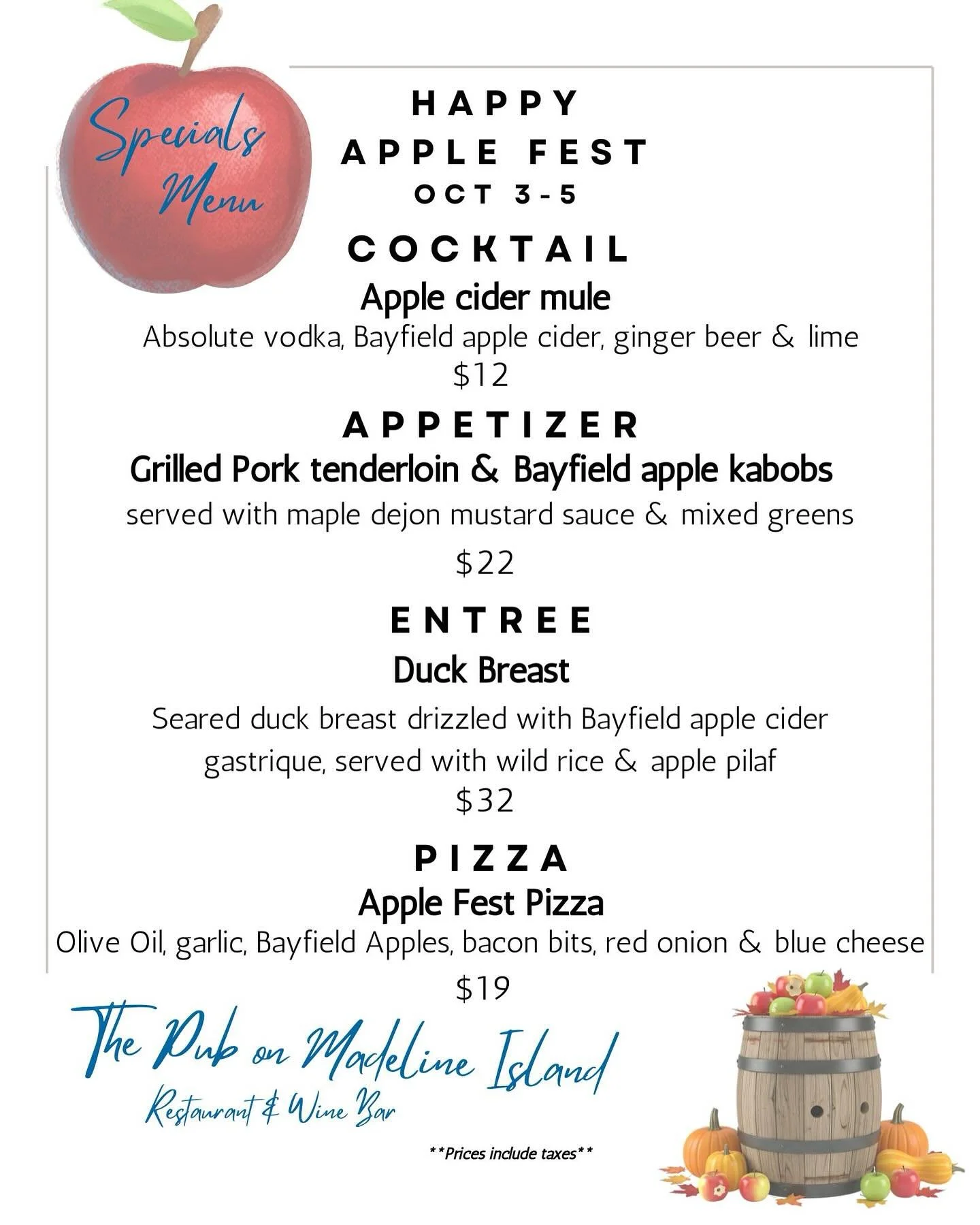 Happy Apple Fest weekend. Come try some Local Apple dishes &amp; cocktails. With beautiful weather the Patio will be open. Come enjoy dinner, drinks &amp; a beautiful sunset. 

#applefest2025 #thepubonmadeloneisland #dinnerspecials #sunsets