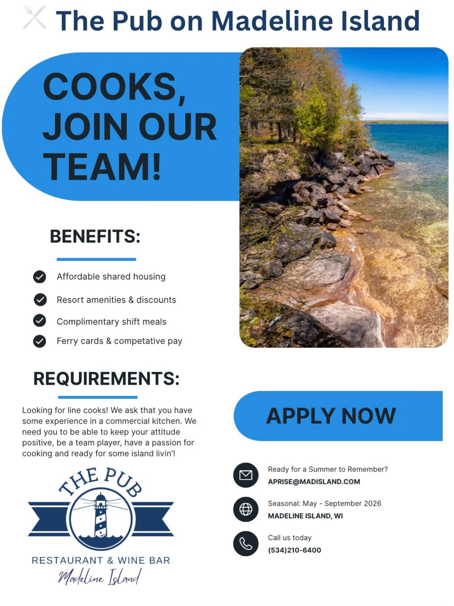 Looking for a place to work for the summer?!? Why not come live on an island and enjoy beautiful sunsets every night while working with a great team! Please email your resume to aprise@madisland.com 

#cookswanted #islandvibes #helpwanted