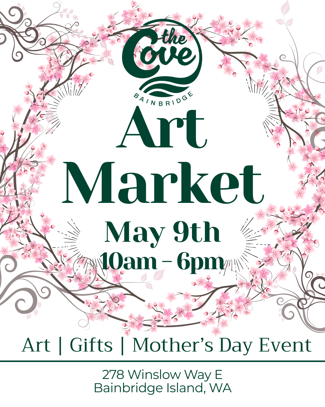 Invitation for the Bainbridge Art Market taking place on May 9th from 10am to 6pm at 278 Winslow Way E, Bainbridge Island, WA, featuring art, gifts, and Mother's Day events, with a floral decorative border of pink cherry blossoms