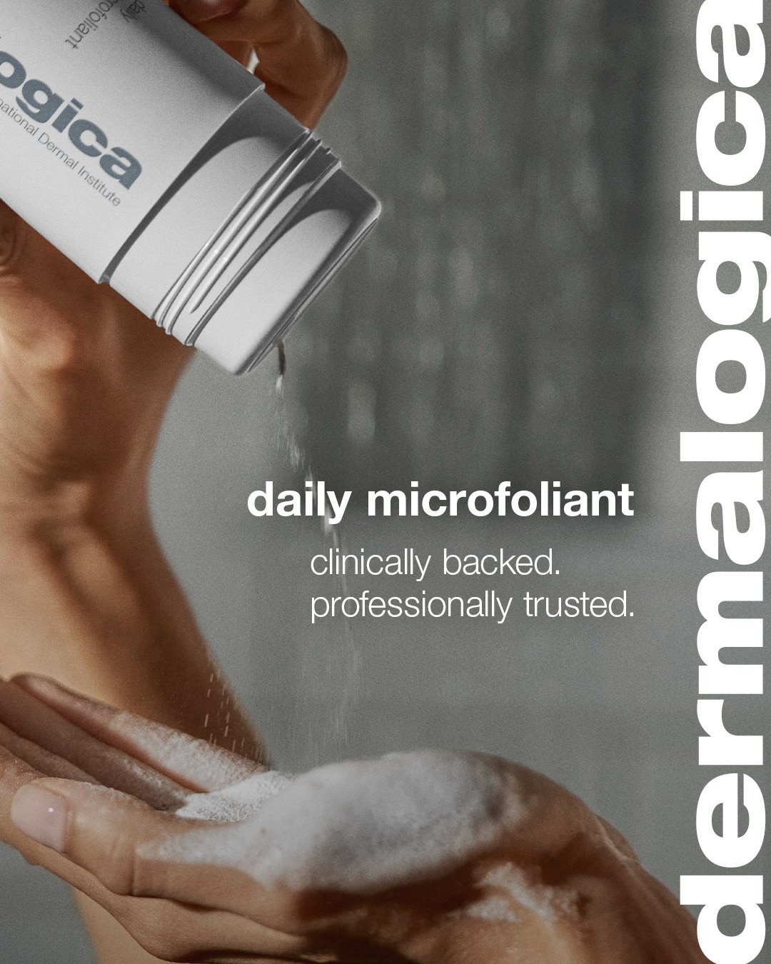 A skincare product bottle labeled de la mer alogica with SPF 50 on a pastel-colored background, advertising hydrating, anti-aging, and skin-blending benefits.