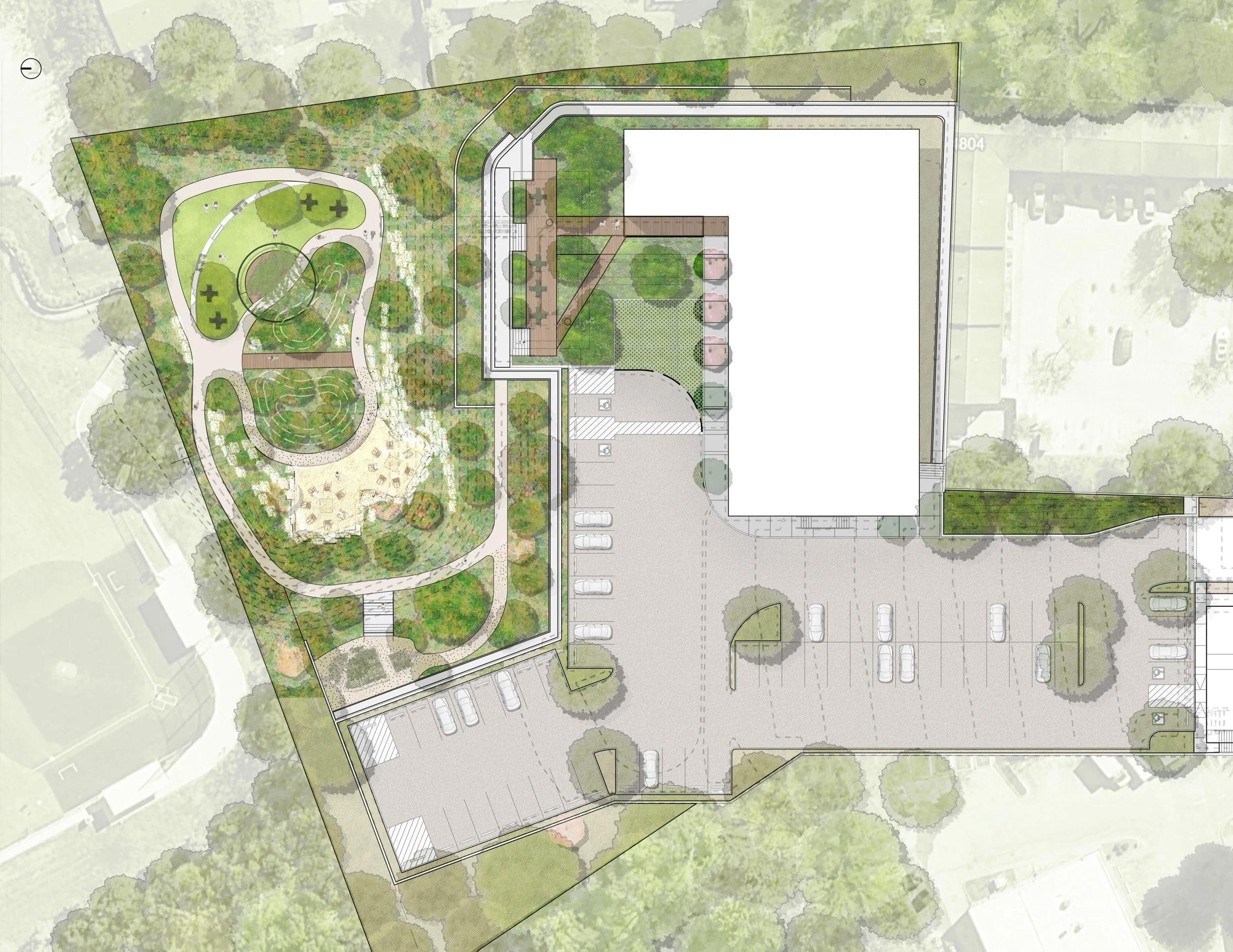 A detailed landscape design plan for a large outdoor space, including pathways, green areas, seating, trees, and other landscape features.