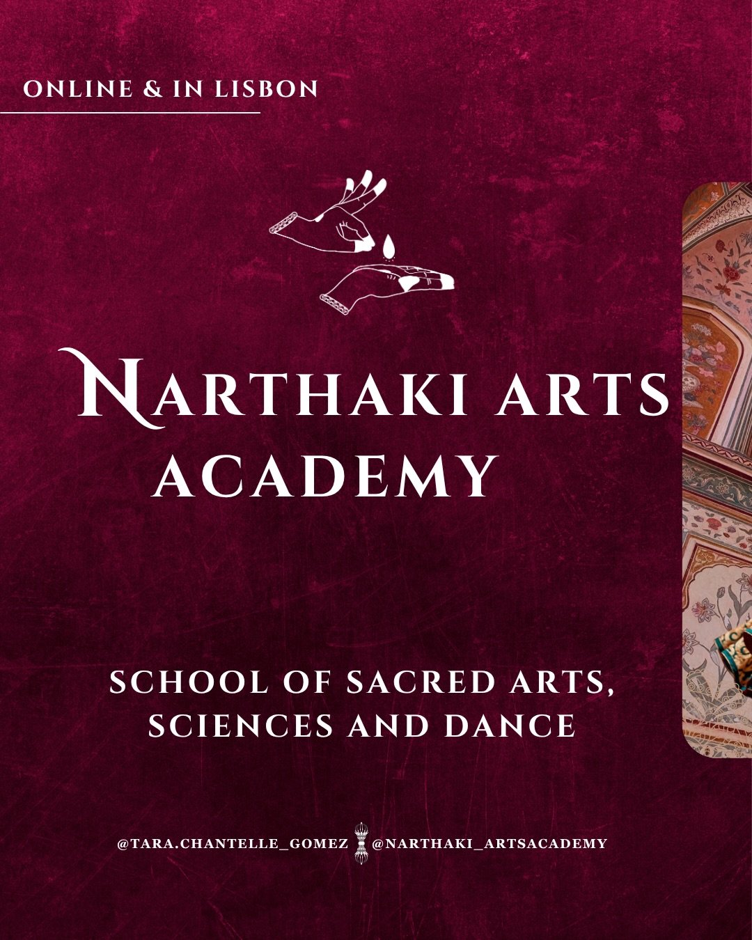 ✨ A space where dance becomes devotion, beauty becomes wisdom, and art becomes a way of life. ✨

Welcome to Narthaki Arts Academy &mdash; an online &amp; Lisbon-based school dedicated to sacred arts, sciences, movement, ritual and embodied feminine e