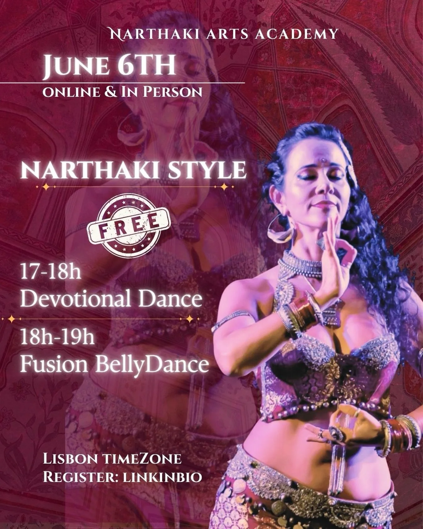🌹 JUNE 6 🌹 - An afternoon of FREE CLASSES at Narthaki Arts Academy HQ in Lisbon ! 
- Located at Quinta das Conchas ! 

You are invited to Dance with me and experience my holistic and creative signature dance format : Narthaki Style Dance ✨ 

A soul