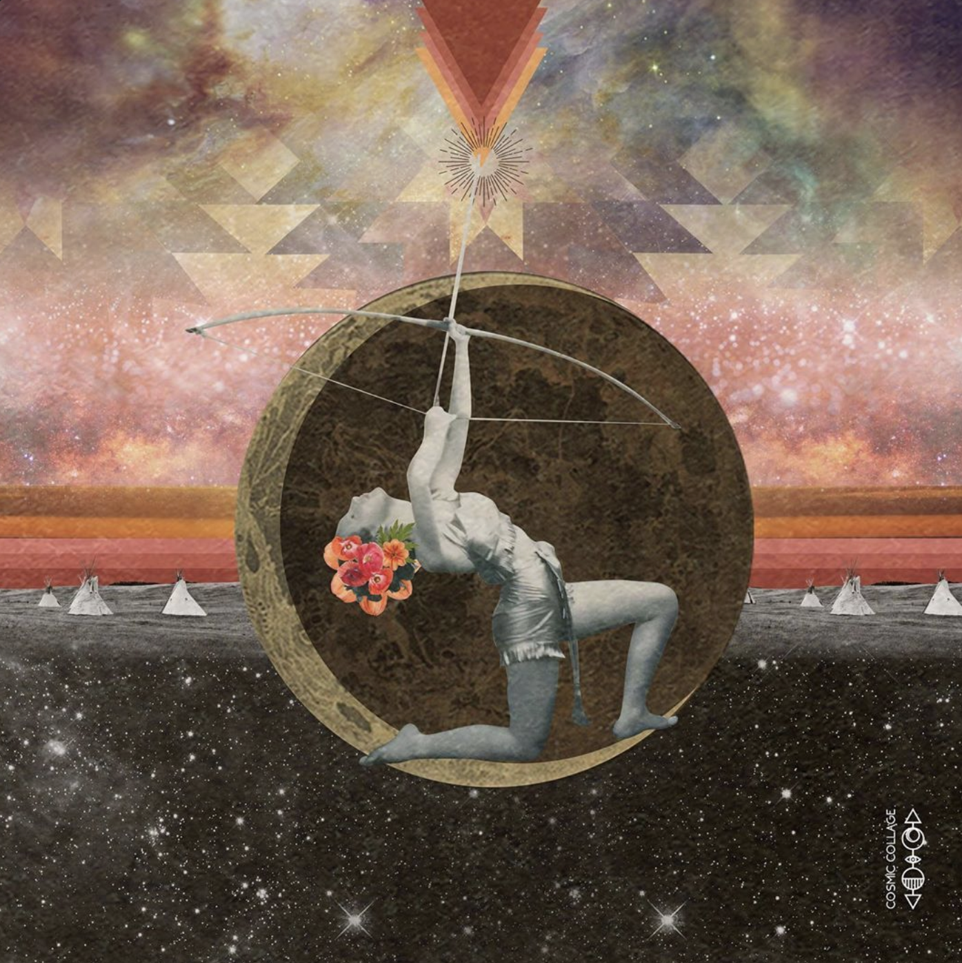 A surreal digital artwork featuring a person with a flower crown holding a bow and arrow, kneeling inside a large circular object resembling the moon, against a cosmic background with stars, nebulae, and teepees.