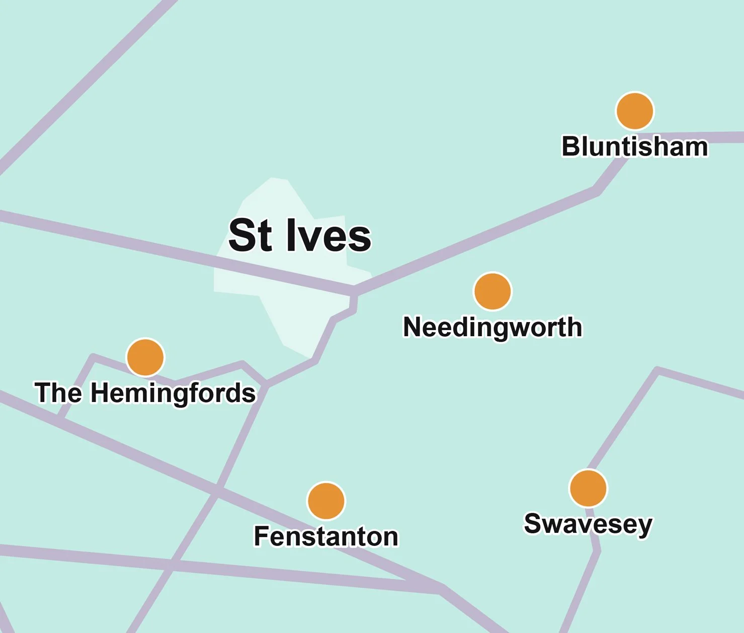 Map showing removals coverage in villages around St Ives, including the Hemingfords, Fenstanton, Swavesey, Needingworth and Bluntisham.