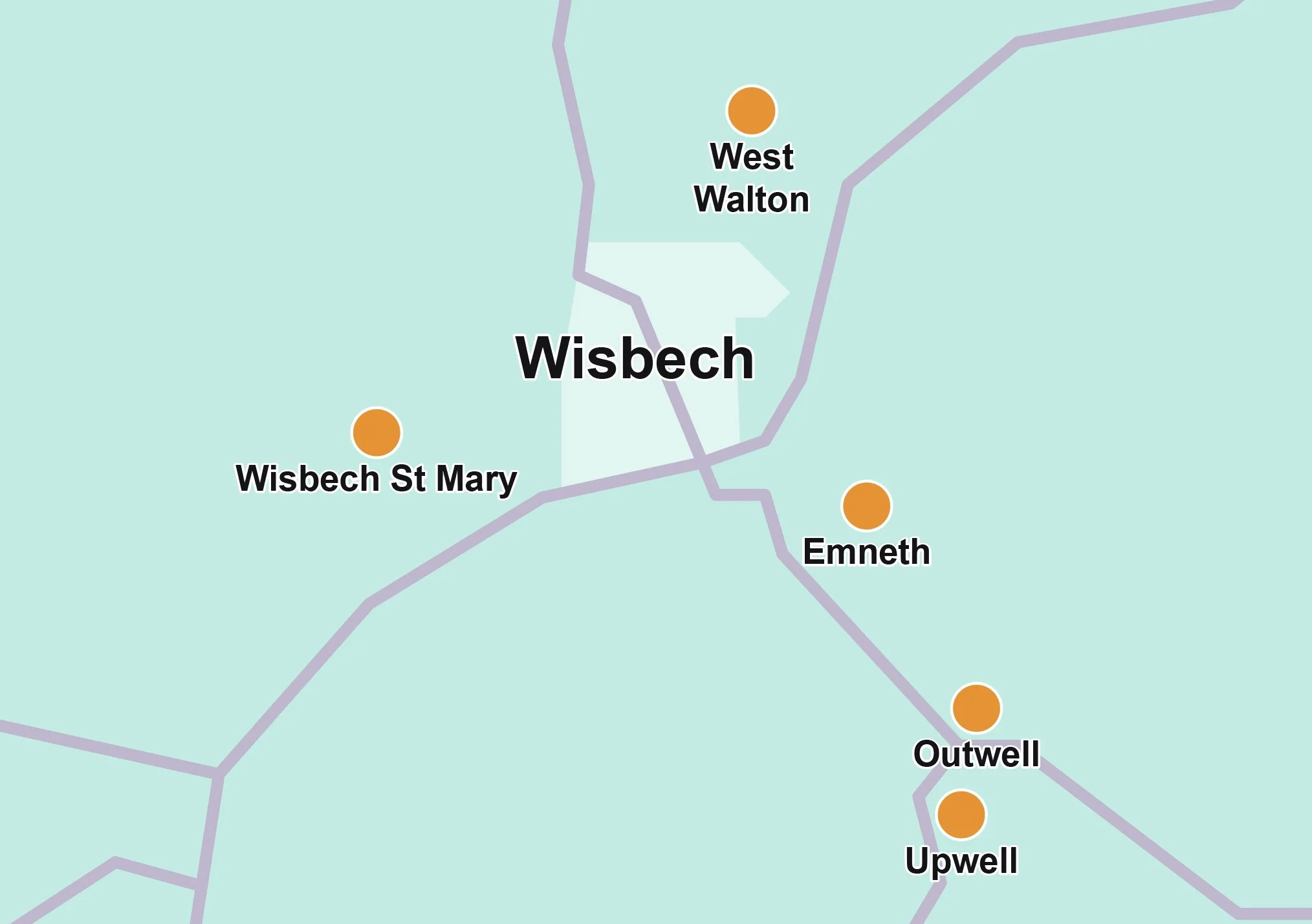 Map showing removals coverage in villages around Wisbech, including Upwell, Outwell, Emneth, Wisbech St Mary and West Walton.