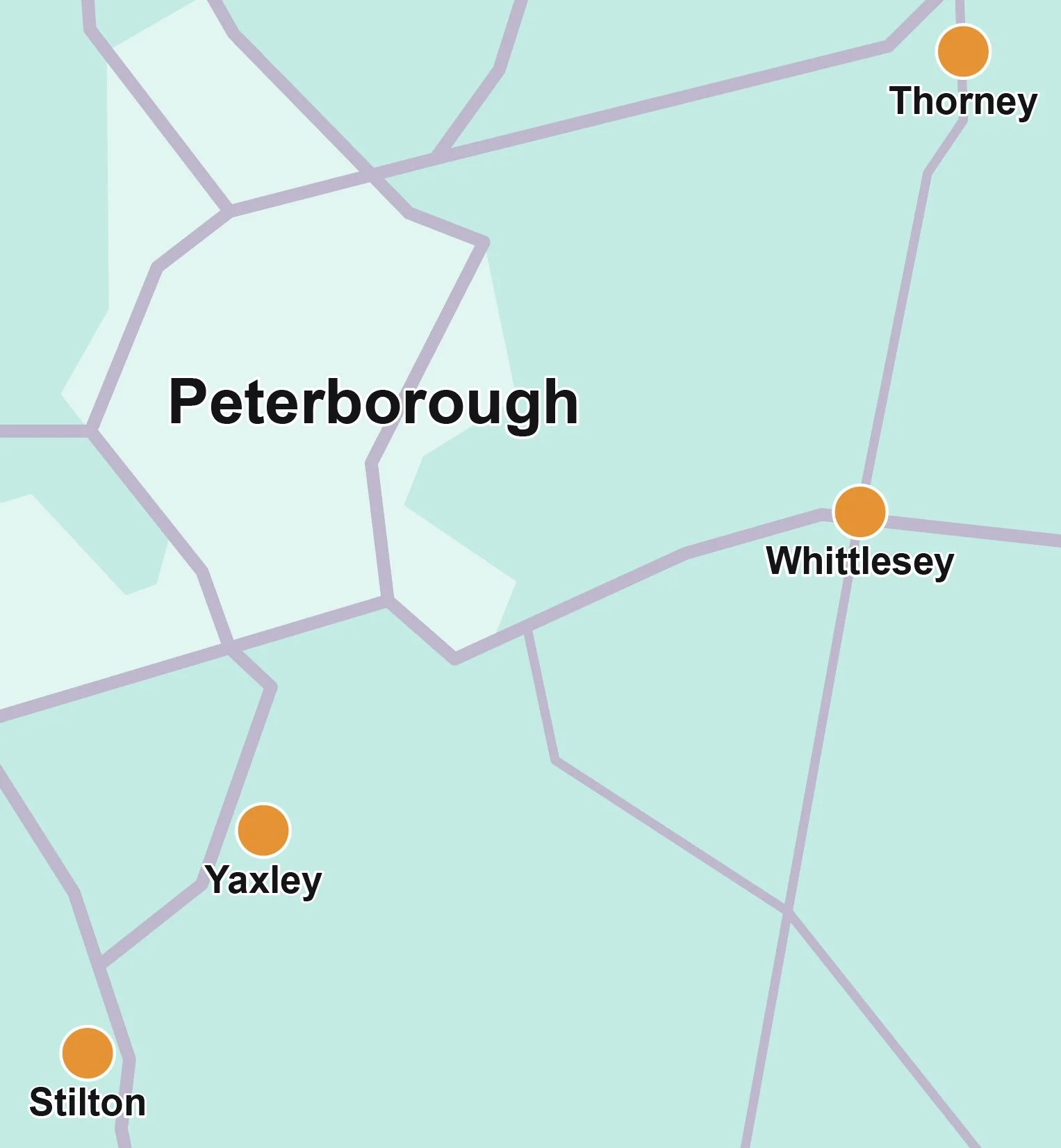 Map showing removals coverage in villages and towns around Peterborough, including Whittlesey, Thorney, Yaxley and Stilton