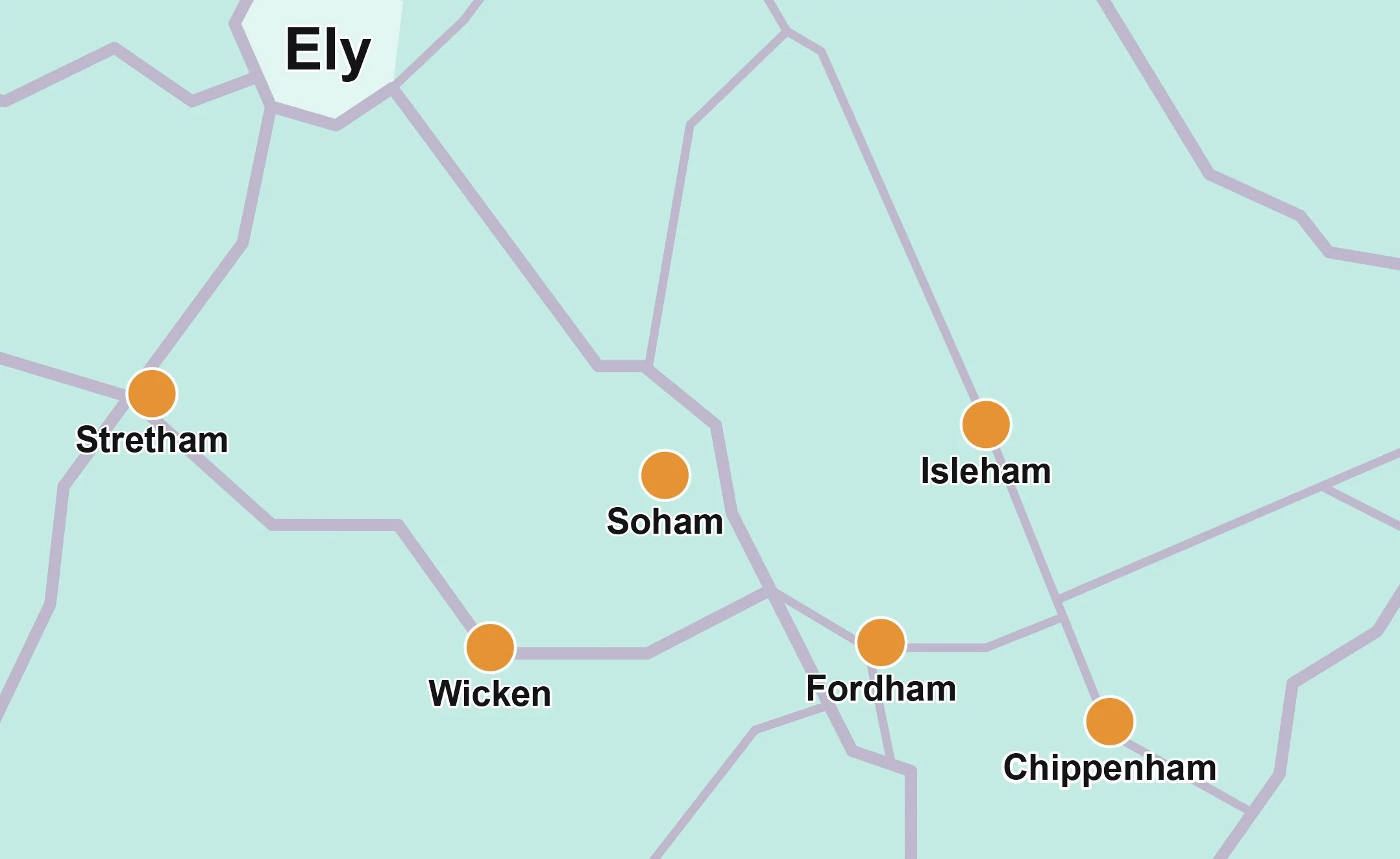 Map of Soham and the villages south of Ely
