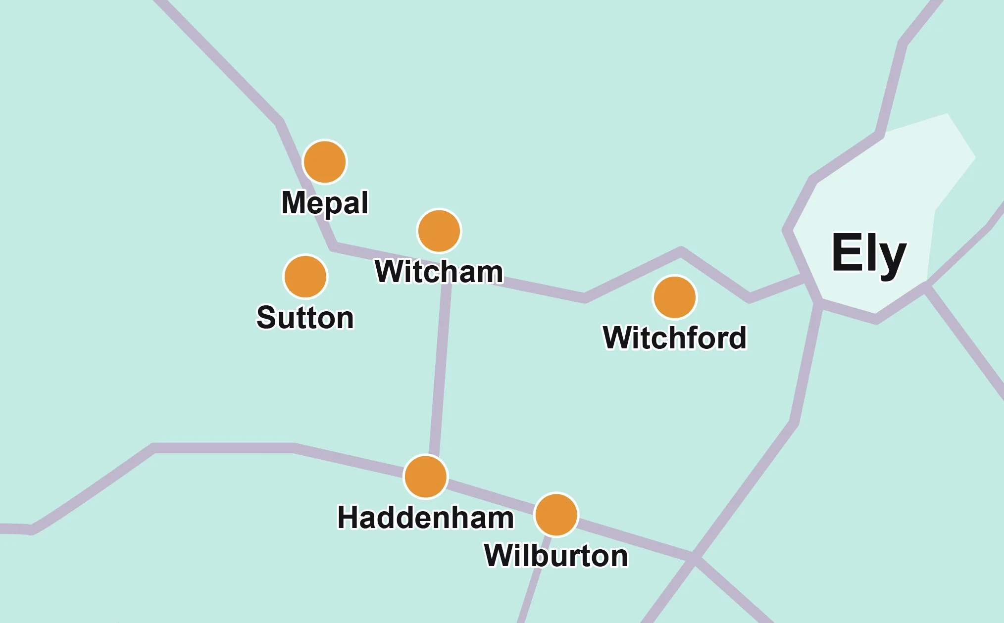 Illustrated map of the villages west of Ely covered by J2B Logistics.