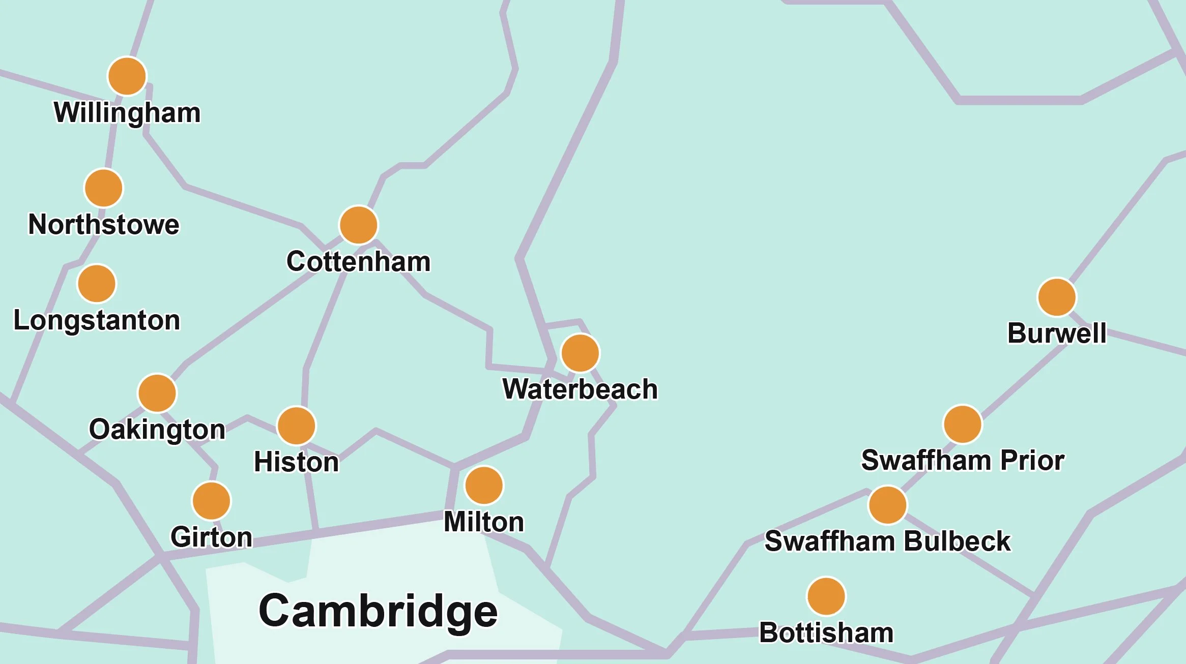 Illustrated map of Northstowe and the villages north of Cambridge covered by J2B Logistics.