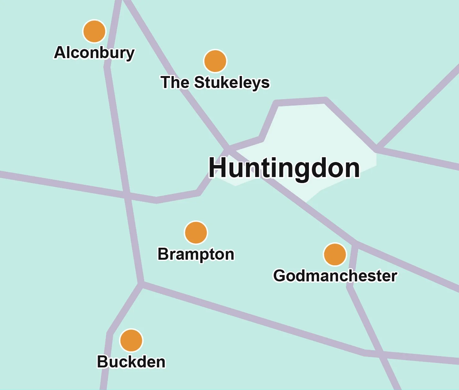 Map showing removals coverage in villages around Huntingdon, including Alconbury, the Stukeleys, Brampton,  Godmanchester and Buckden.