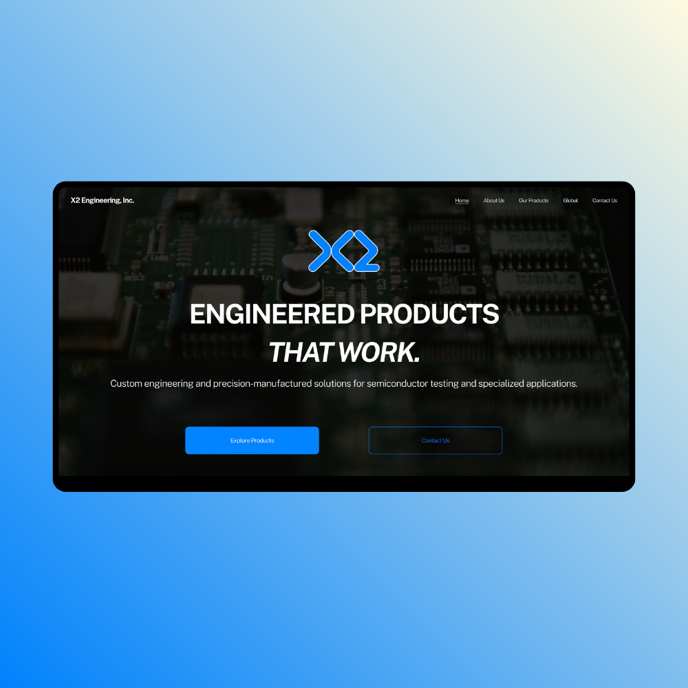 Screenshot of X2 Engineering Inc. website featuring a dark background with electronic circuit boards, company logo, and text promoting engineered products for semiconductor testing. Includes blue buttons for exploring products and contacting the company.